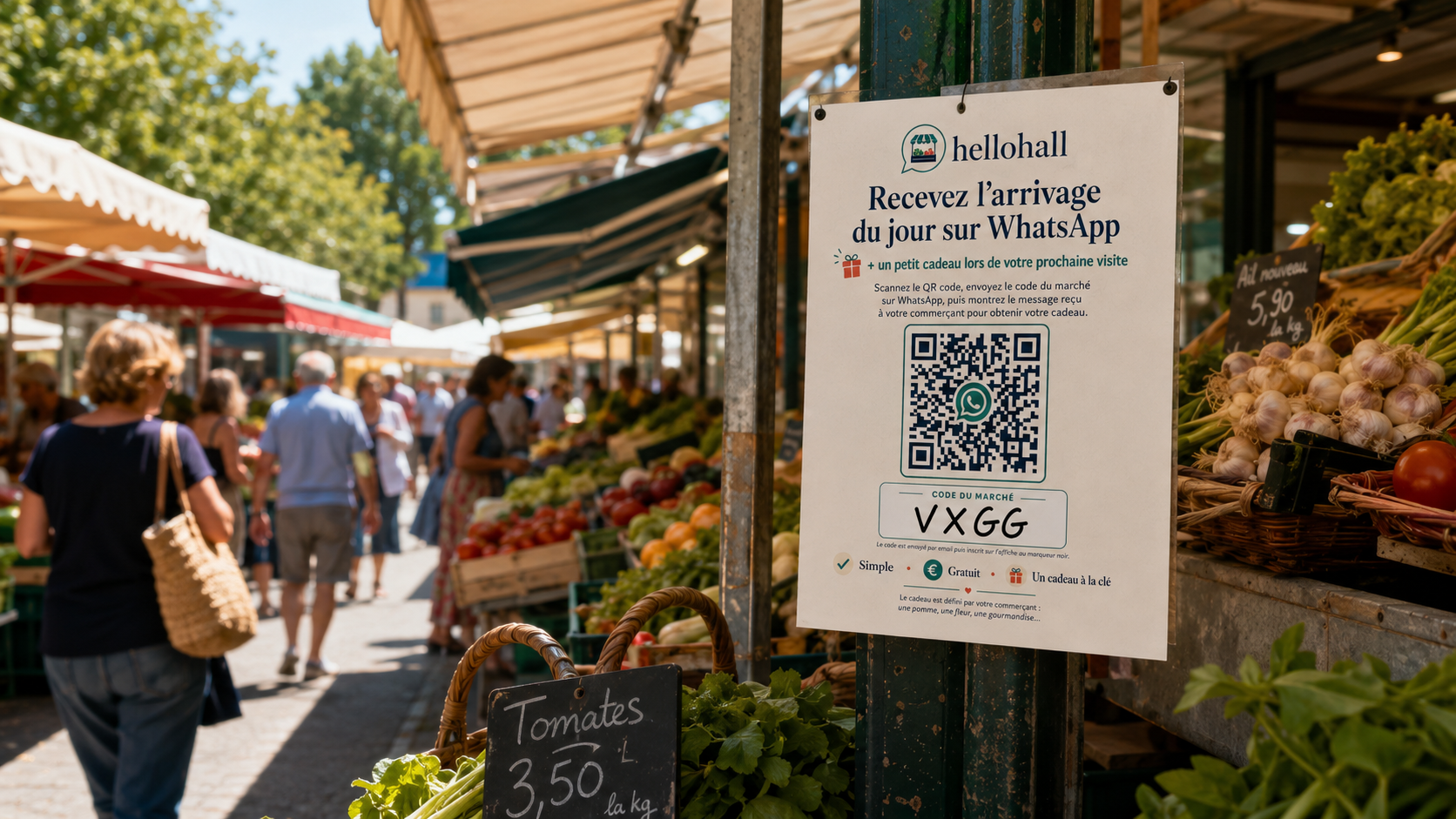 Affiche hellohall accrochée sur un étal de marché